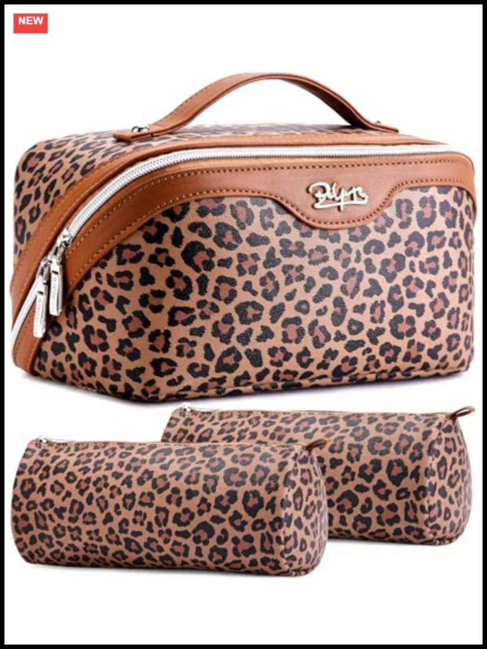 Vegan Leather Travel Makeup Bag Set 3Pcs Waterproof Cosmetic Organizer Lay-Flat